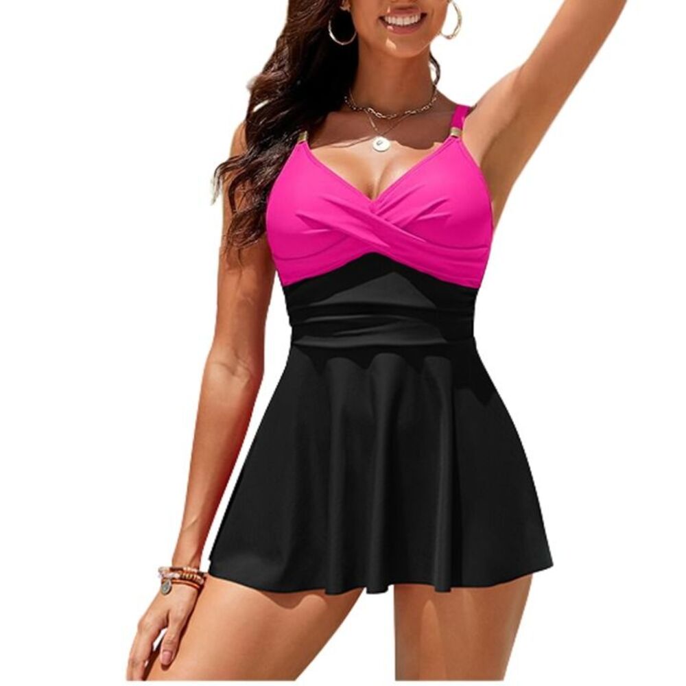 V Neck Two Piece Swim Dress
